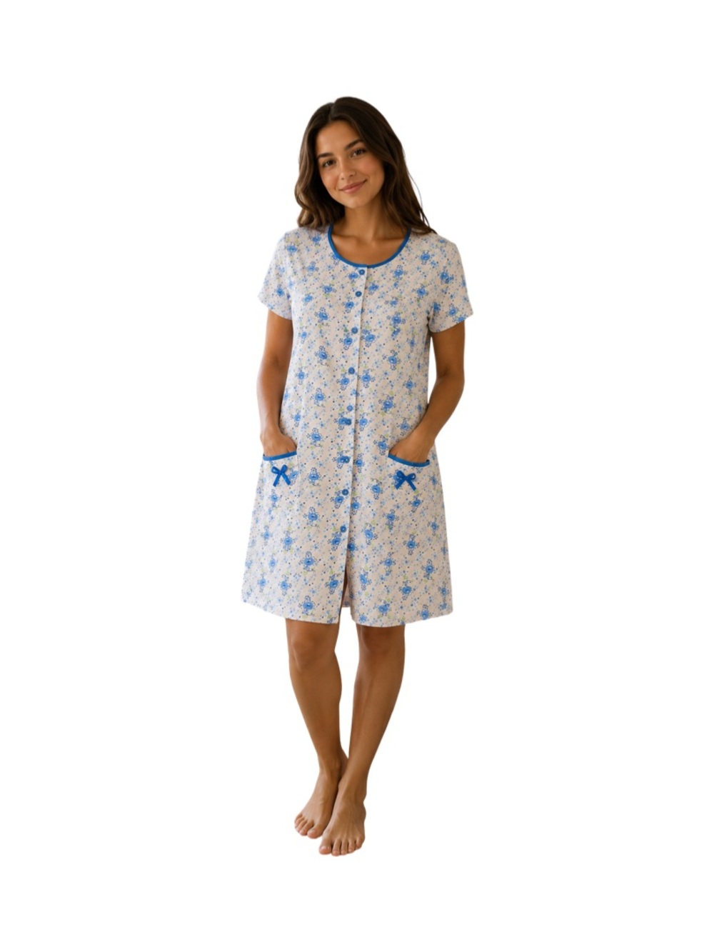 Cotton Blend Women's Flowery Short Sleeve Blue & white Botton Down Sleepwear M